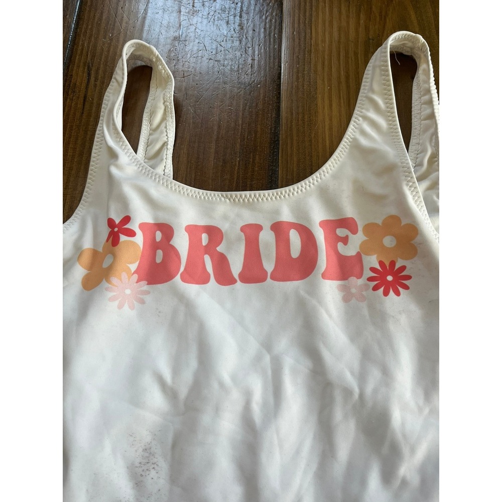 Bride Floral One Piece Swimsuit White Pink Retro Bachelorette Swimwear Size M - Picture 4 of 6